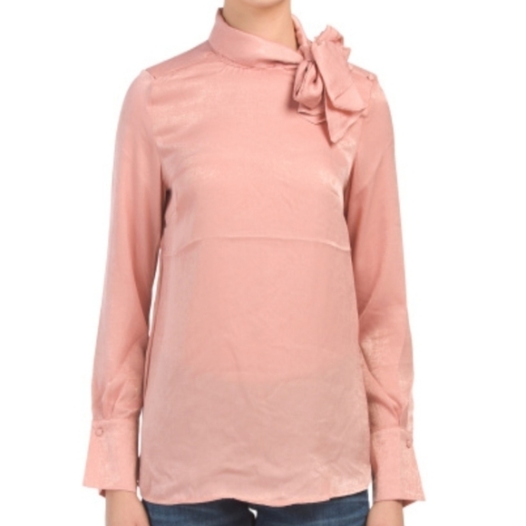 JAPNA Satin Tie Neck Rose Color Blouse - Picture 1 of 8